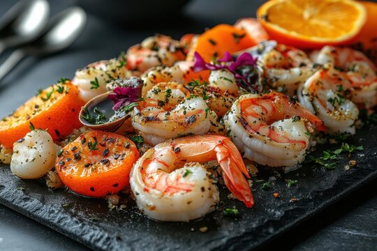 artfully arranged seafood dish featuring prawns, clams, oranges, and squid on a smoky tabletop, exuding a culinary flair perfect for gourmet presentation