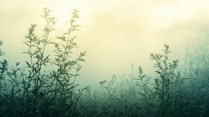 Obraz premium Serene Misty Meadow Ethereal Green Plants and Soft Morning Light