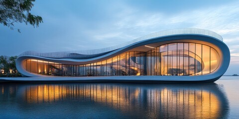 Modern Architectural Masterpiece Reflecting on Water with Innovative Design Elements under Dramatic Evening Sky and Warm Illuminations