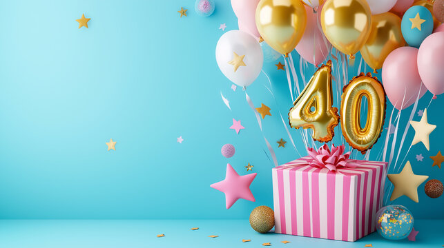 A colorful 40th birthday celebration with balloons, confetti, and a gift box on a blue background.