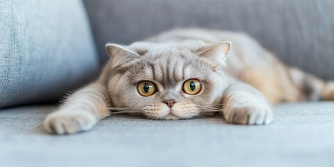 A Charming Cat Relaxing Comfortably on a Soft Couch, Enjoying Its Lazy and Cozy Time