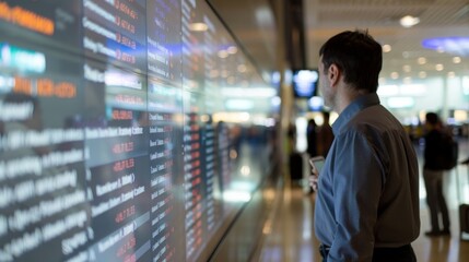 A Man standing at airport terminal, gazing at large digital screen showing immigration policies, amidst bustling crowd and luggage, highlighting importance of travel regulations and border control 