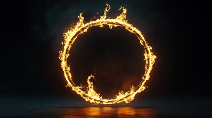 Fiery ring of fire ablaze in dark setting.