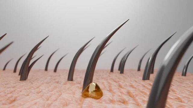 Hair growth with oil drops 3D rendered motion graphics video footage 4k.