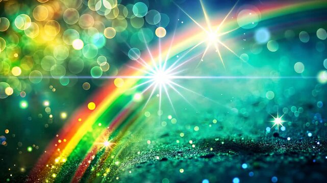 Green shining background with rainbow arch on bokeh with lights and sparklings, St. Patrick's day concept	