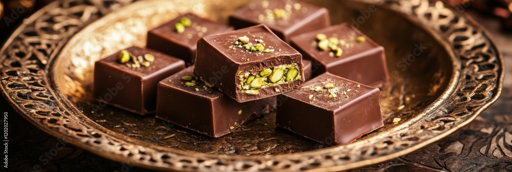 Poster luxurious chocolate squares with pistachio filling on an ornate golden plate with arabic patterns. g