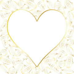 New Year and Christmas heart shape for text in square. Golden contours of Christmas decoration on a white background. Template with space for text for a card, invitation, flyer, tag, design element.