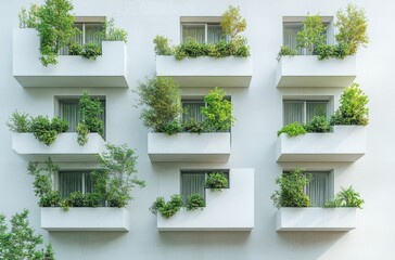 Fototapeta premium Modern Architecture Featuring Vertical Gardens on Balconies: A Sustainable Living Concept for Urban Environments with Lush Greenery and Clean Lines