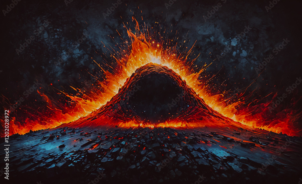 Poster a fiery mountain with a hole in the middle. the mountain is surrounded by a black background. concep