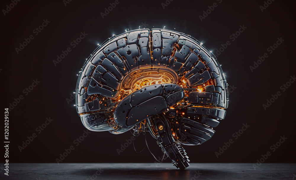 Poster a brain made of metal and wires with a glowing light on it. the brain is surrounded by a dark backgr