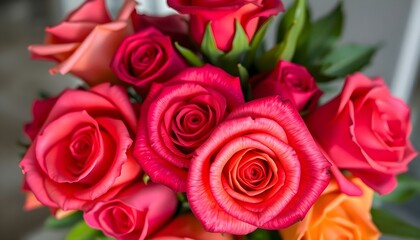 Fototapeta premium a bouquet of red and orange roses in a vase