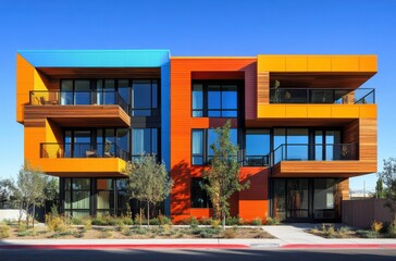 Obraz premium Modern Colorful Apartment Building with Unique Architectural Design Surrounded by Landscaping and Clear Blue Sky in a Vibrant Urban Environment