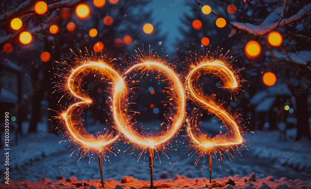 Poster a group of three fireworks that spell out the number 203. the fireworks are lit up and are arranged 