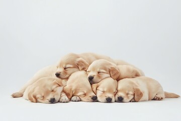 A delightful scene of a puppy pile sleeping together, showcasing the adorable innocence and peace of these furry friends nestled in a cozy arrangement.