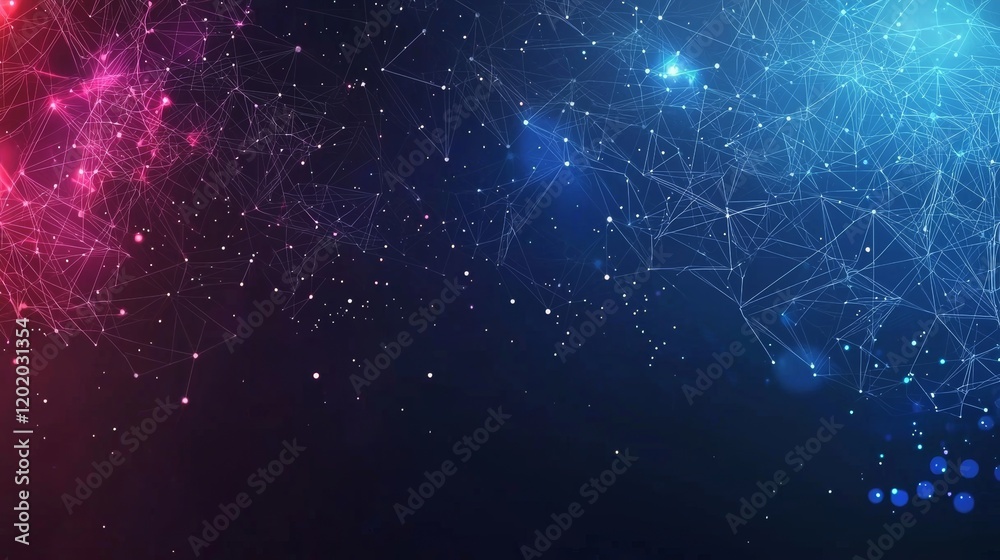 Poster a 3d rendering of connected polygons against a geometric backdrop, featuring a network connection of