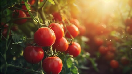 Obraz premium ripe red tomatoes growing on a vine in a sunny garden. The tomatoes are glistening with moisture, suggesting a recent rainfall or early morning dew. 