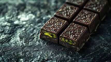Obraz premium Luxurious chocolate with pistachio filling served on a golden plate adorned with traditional Arabic patterns at a festive celebration. Generative AI