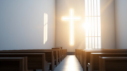 Naklejka premium A serene interior of a church with sunlight shining through a cross above the altar. 