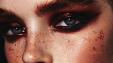 Fototapeta premium Close-up of a person's face featuring dramatic makeup and striking eyes.