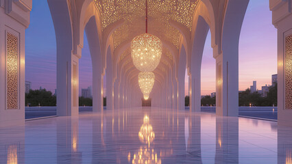 Stunning golden-lit mosque corridor with intricate arches, glowing chandeliers, and polished marble flooring perfect for design inspiration.