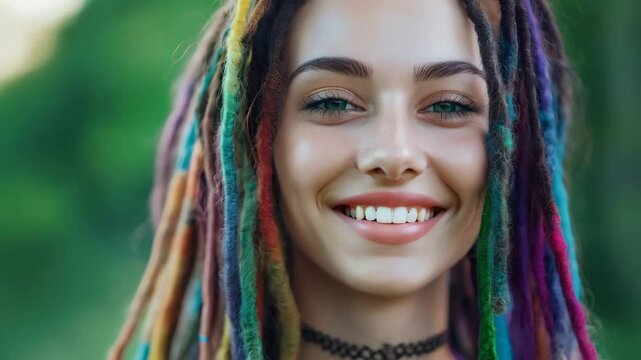 close up portrait of attractive woman with colorful dreadlock hairstyle