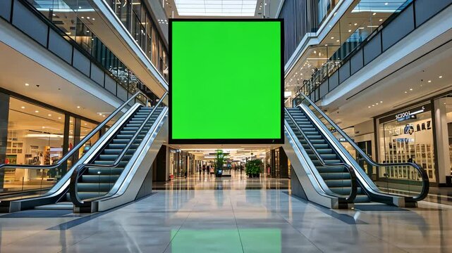 Black vertical blank billboard with a green screen in a shopping mall interior, a digital advertisement display mockup template for mobile and desktop.
