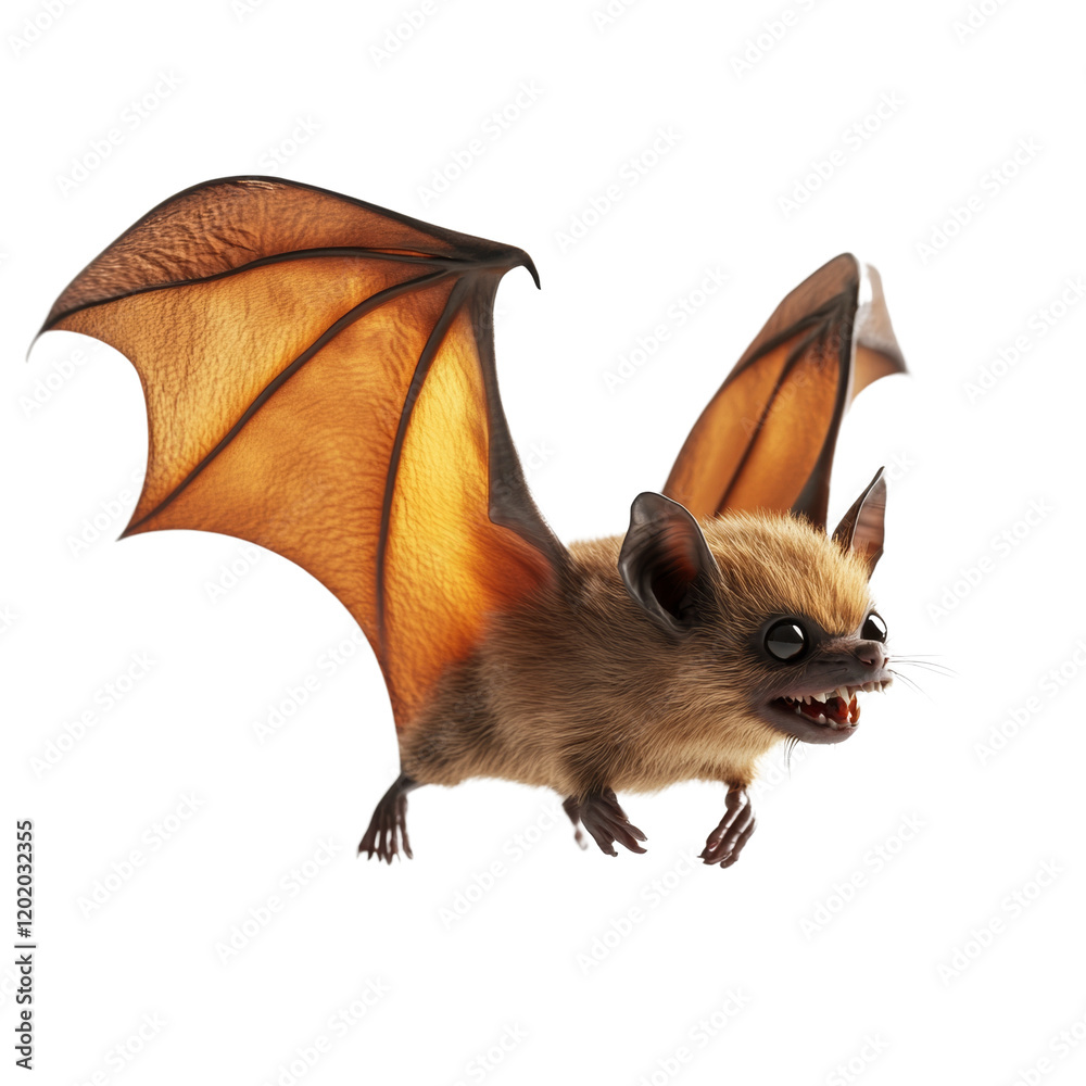 Poster a digitally rendered image depicts a small, fluffy brown bat with large eyes in mid-flight against a
