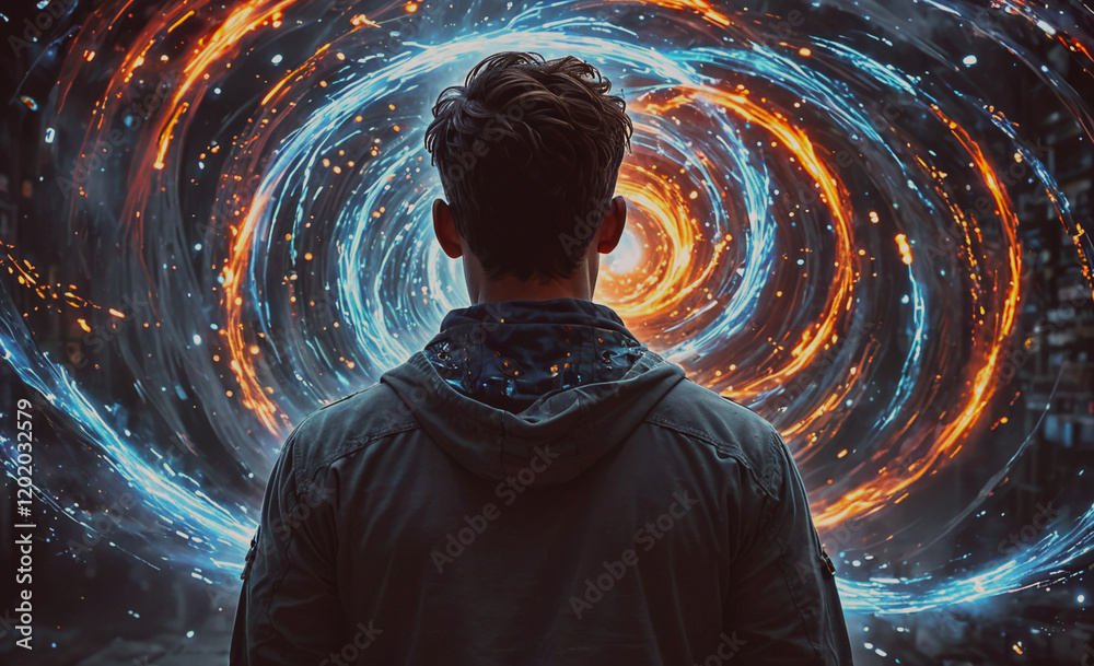 Poster a man is standing in front of a swirling vortex of light. the man is wearing a black jacket and a ho