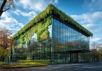 Obraz premium Modern Eco-Friendly Building with Green Roof and Glass Facade Surrounded by Vibrant Nature in a City Setting Under a Bright Sky