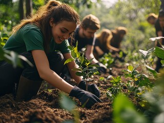 Volunteers planting trees in the forest for a sustainable future