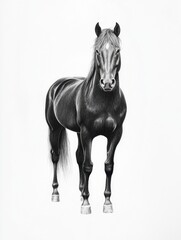 Fototapeta premium A detailed drawing of a majestic black horse standing upright, showcasing its graceful form and expressive features against a plain background.