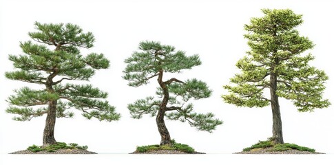 A collection of 3D green Japanese trees, isolated against a white backdrop, suitable for architectural visualization