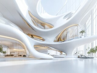 Obraz premium Modern Futuristic Architecture in an Open Space With Bright Natural Light and Curved Lines, Showcasing Creativity and Innovation in Design Elements