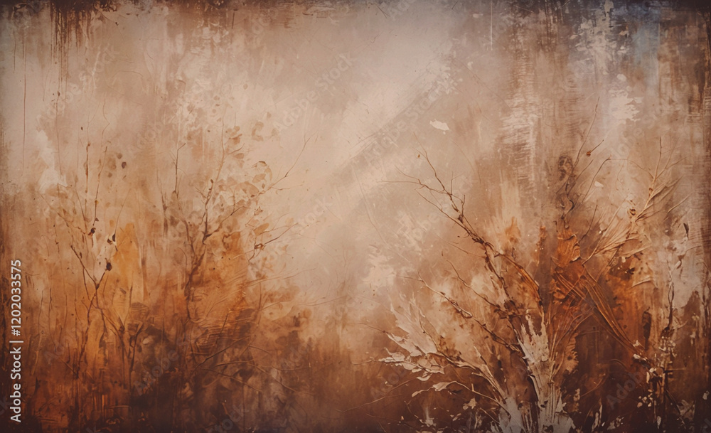Poster A painting of trees with a brown background. The trees are in different sizes and are scattered throughout the painting. The overall mood of the painting is calm and peaceful, with the trees