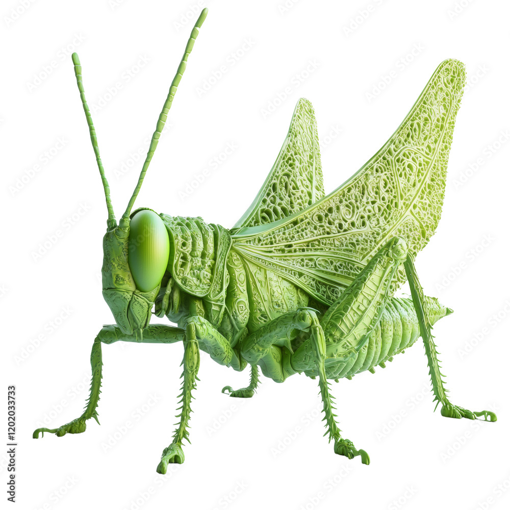Poster A detailed 3D rendering of a green grasshopper with an intricate, almost carved, design on its body.