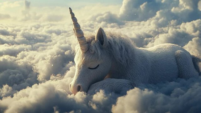 Dreamy white unicorn resting on fluffy clouds under a soft glowing sky, radiating a magical and ethereal atmosphere