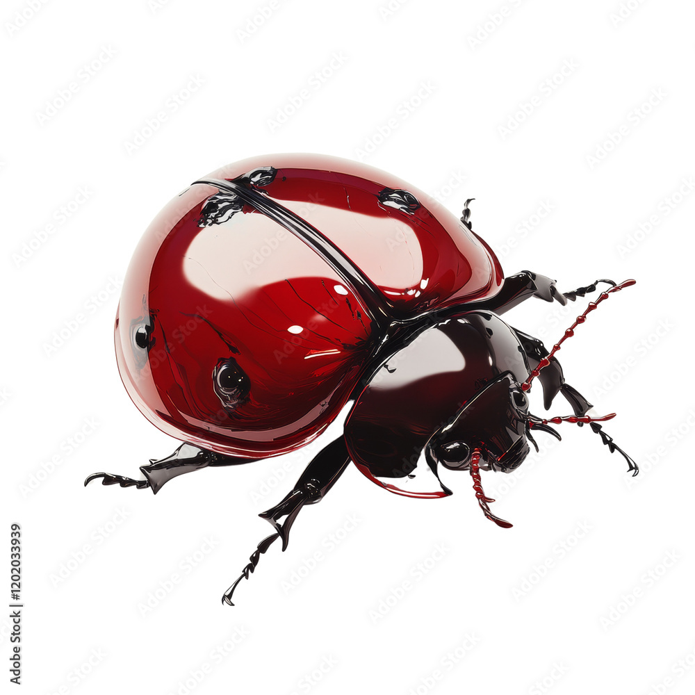 Poster A high-resolution image showcases a 3D rendered model of a red ladybug with a highly polished finish.
