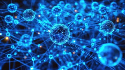 A vibrant illustration of interconnected blue spheres, representing molecular structures and networks in a digital or scientific context.