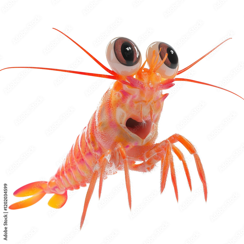 Poster A digitally rendered cartoon shrimp with exaggerated eyes and features appears to leap forward against a white background.