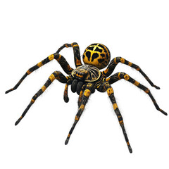 Obraz premium A detailed close-up image shows a large hairy spider with a distinctive yellow and black patterned abdomen.