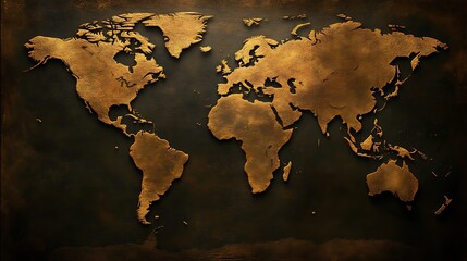 Embossed world map on dark bronze texture.