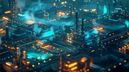 a futuristic industrial cityscape, a vibrant symphony of neon lights and glowing pipes against a dark background. The cityscape feels alive with energy and the suggestion of a vast complex machinery