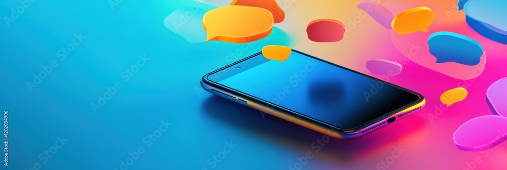 Poster Bright chat bubbles emerge from a smartphone on a vibrant background representing communication and connectivity. Generative AI