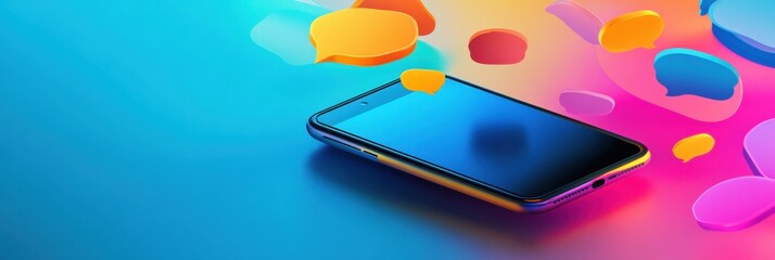Bright chat bubbles emerge from a smartphone on a vibrant background representing communication and connectivity. Generative AI