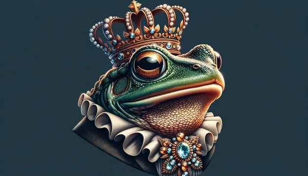 A whimsical frog adorned with a crown and tiara, exuding a regal charm in a vibrant natural setting