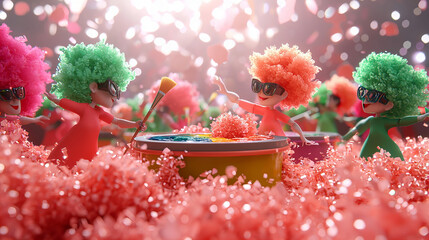 Colorful festival celebration with lively characters in playful costumes and bright confetti in a joyous atmosphere