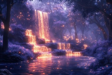 Fototapeta premium bioluminescent crystal forest with floating islands, ethereal creatures with translucent wings, cascading waterfalls of light