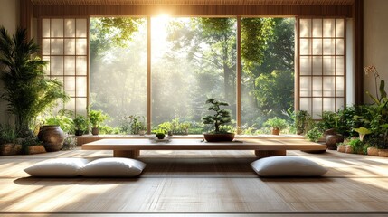 Fototapeta premium Serene Japanese room, sunrise view, zen garden, peaceful atmosphere, interior design