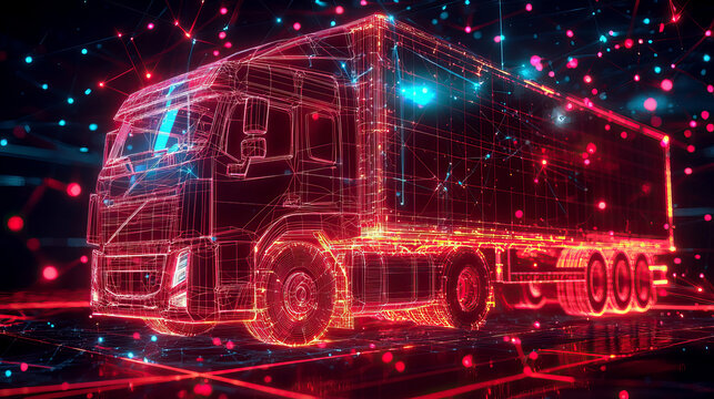 Futuristic Wireframe Truck with Neon Lights in a Digital Technology Network