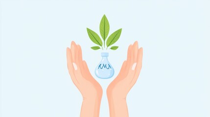 An illustration of hands holding a flask with leaves, symbolizing sustainability, health, and the connection between nature and science.